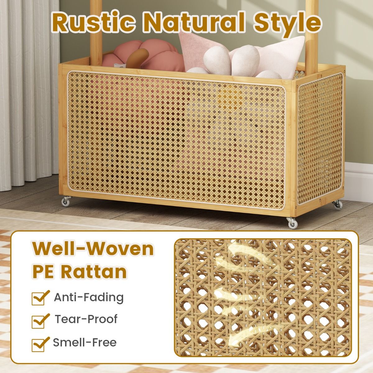 Porte-manteau Coast en bambou - avec panier de rangement et roulettes - couleur naturelle - 100 x 32,5 x 172 cm
