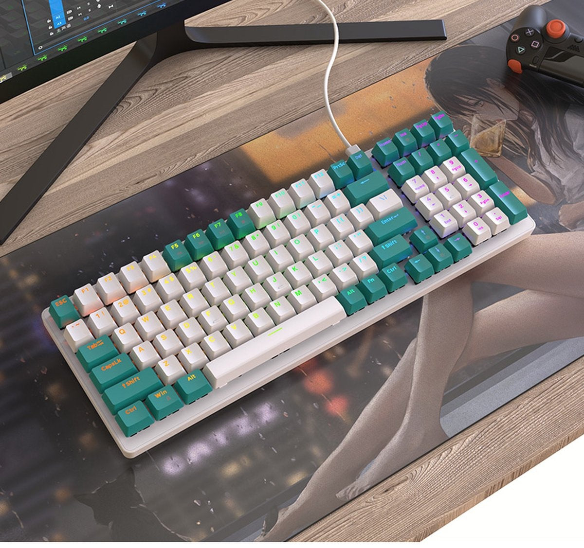 Clavier de jeu mécanique Fuegobird K3, 100 touches, QWERTY, Clavier mécanique rétroéclairé RVB, Vert