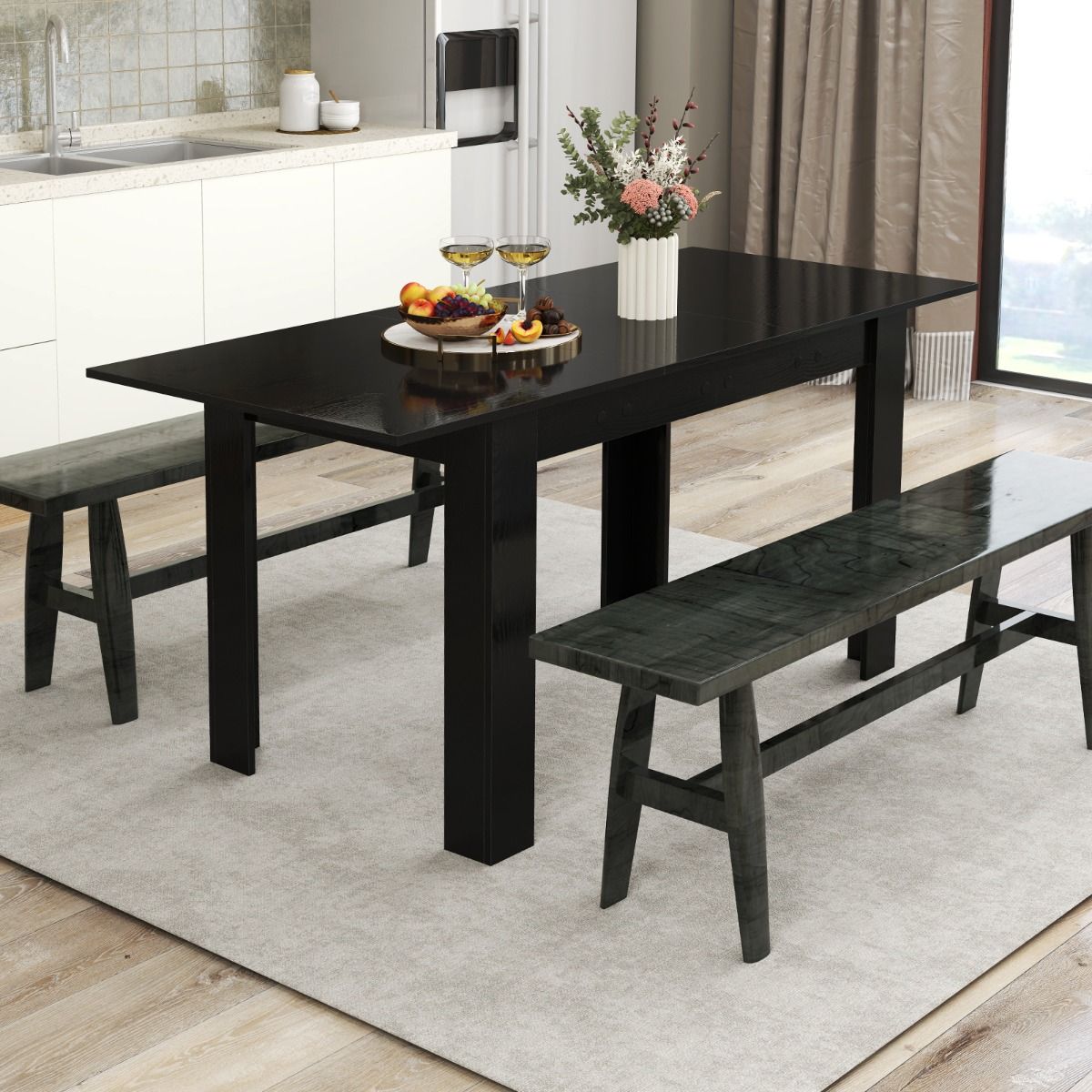 Table à manger extensible Coast - Plateau réglable - Pieds en L - Noir - 158 x 70 x 76 cm