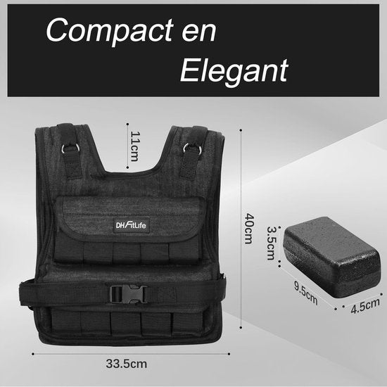 DH FitLife Gilet de poids ajustable 20 KG, compact et stable pour la musculation et l'entraînement, gilet lesté, gilet de course à pied pour femmes et hommes, gilet de fitness, gilet d'entraînement
