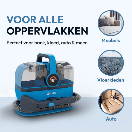 BOLLIT Nettoyeur de tapis 4-en-1 XL 1800 W Ultra - Nettoyeur à vapeur et détachant - Vapeur à 100 °C - Nettoyeur de canapés - Nettoyeur de meubles - Nettoyeur à vapeur portatif - Nettoyeur de matelas - Nettoyeur de fauteuils - Nettoyeur pour voiture, cana