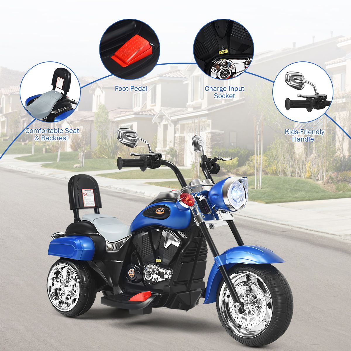 Moto électrique pour enfants Coast - Style chopper - Phare réglable - Fonction musicale - Bleu et noir - 91 x 48 x 64 cm