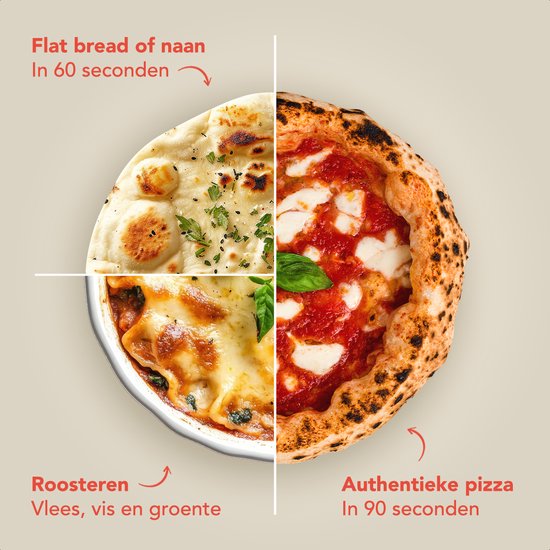 KitchenBrothers Four à Pizza - Au feu de bois - Modèle de table - Pliable - Sans PFAS - Pierre à pizza - jusqu'à 460°C - Pizzeria - Set complet - Four à Pizza d'extérieur - Noir/RVS