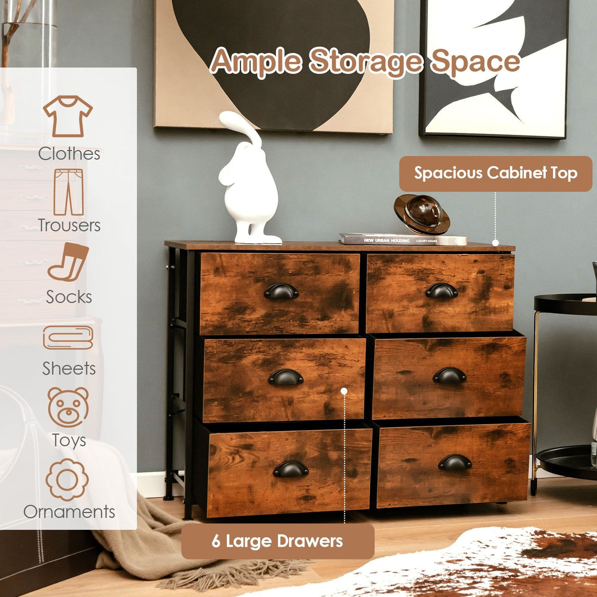 Commode Coast - avec 6 tiroirs - bois - 3 niveaux - brun rustique