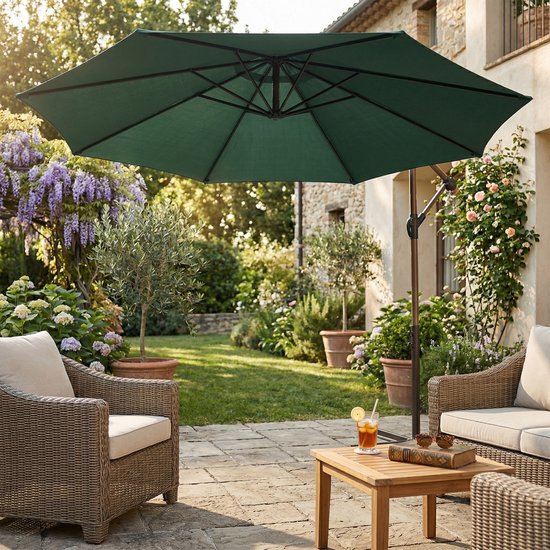 Parasol suspendu AXI Dion Ø 300 cm, aspect chêne/vert – Armature thermolaquée avec pied en croix