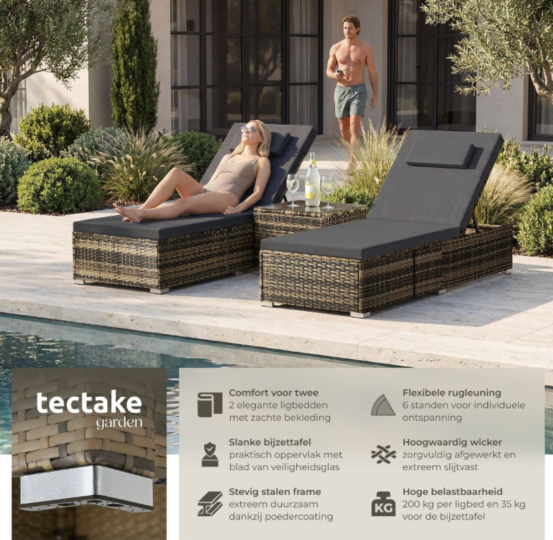 Tectake : transat double en osier Carbonera - Couleur naturelle - 62 x 196 x 36 cm - Lot de 2, avec table d'appoint