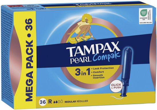 Tampons Tampax Pearl Compak Regular avec applicateur, lot de 36