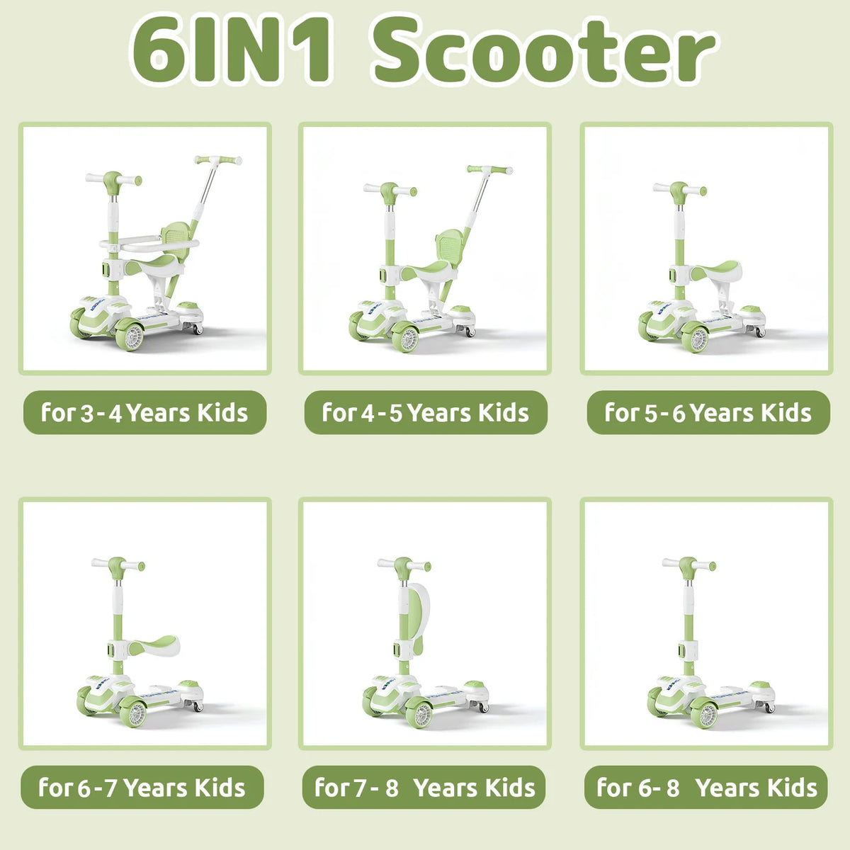 Trottinette pour enfants Neuleb 6-en-1 à 4 roues - Verte - 3 à 8 ans, siège pivotant, jusqu'à 100 kg