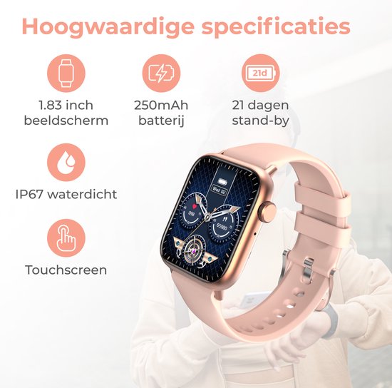 Nuvance - Smartwatch Homme et Femme avec Bluetooth - 45mm - Convient à tous les Smartphones - Podomètre et moniteur de fréquence cardiaque - Étanche - Rose clair