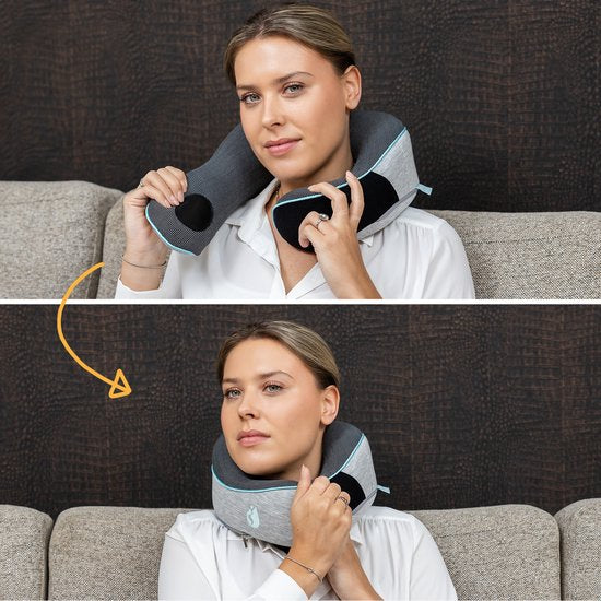 TRAVARA Oreiller de cou - Oreiller de voyage - Pour l'avion - La voiture - Mousse à mémoire de forme - Avec bouchons d'oreille - Gris