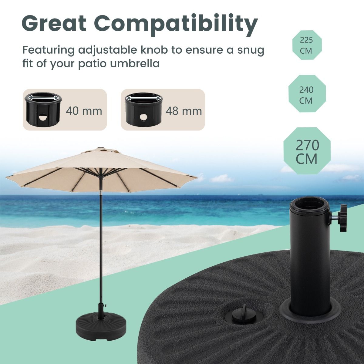 Pied de parasol Coast - rechargeable avec de l'eau ou du sable - fixations réglables - noir Ø 51 cm