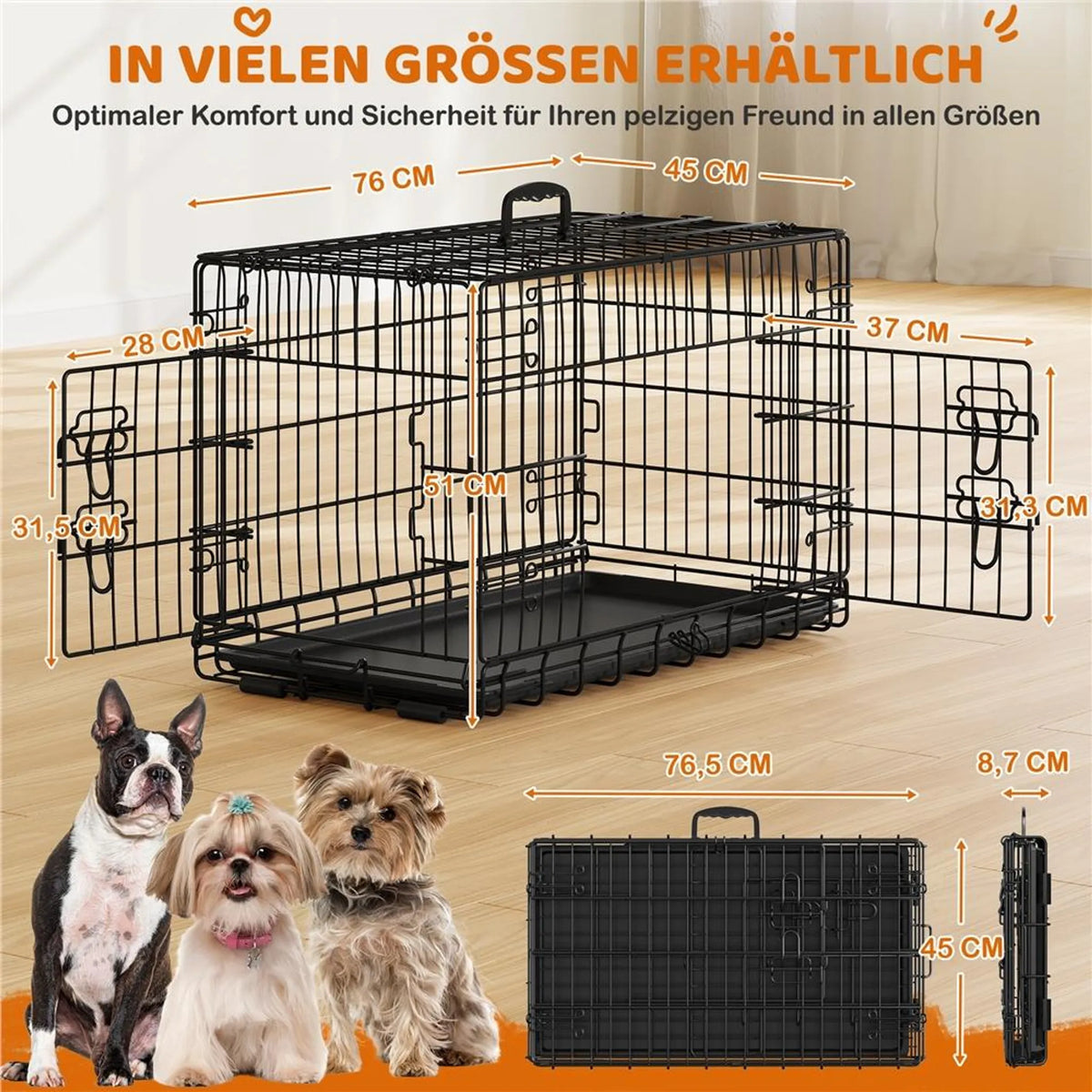 Yaheetech Banc pliable pour chien - 76 x 45 x 51 cm - Avec cloison et plaque de fond amovible et double porte - Pour petits chiens - Métal noir et plastique