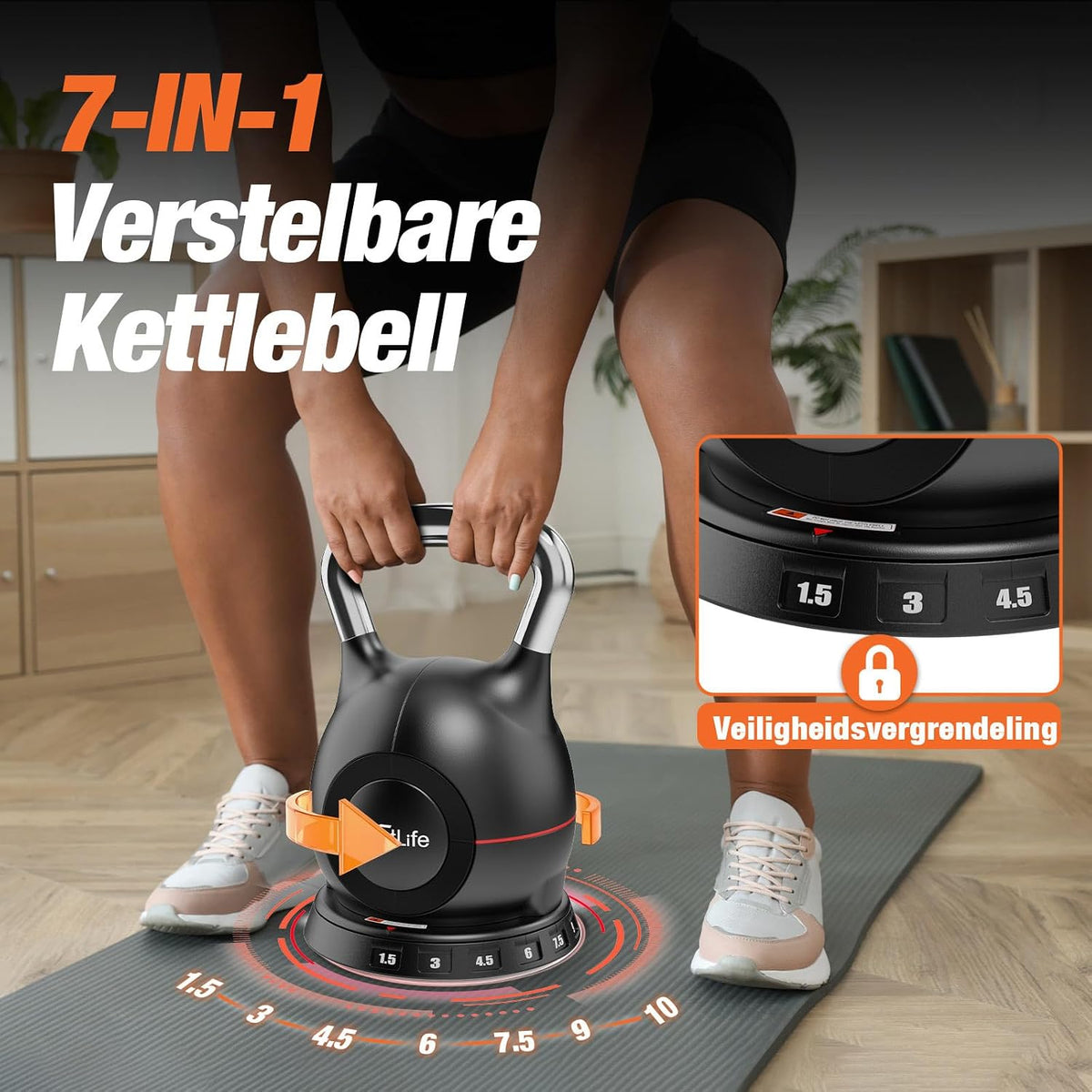 Kettlebell réglable DH FitLife 7-en-1 - 1,5 à 10 kg - 7 niveaux de poids - 20 x 20 x 30 cm - Noir