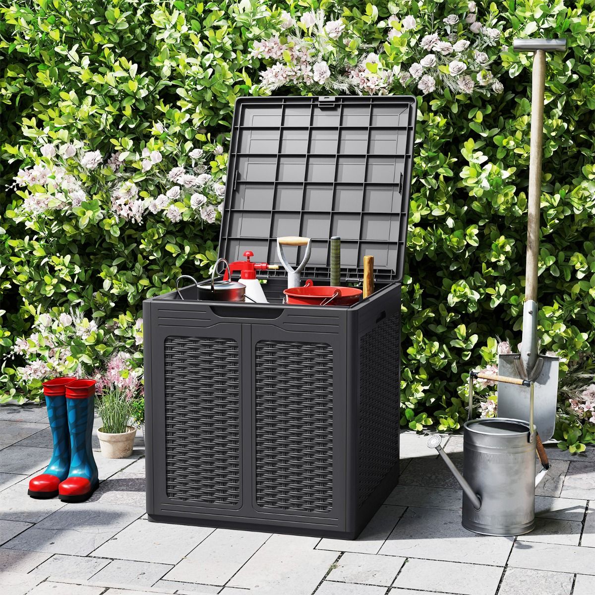 Boîte de rangement Coast avec couvercle - aspect rotin - multifonctionnelle - marron/noir - 145 litres