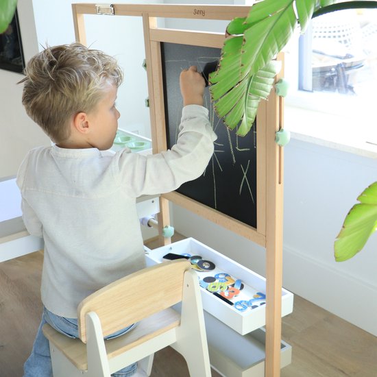 Table de dessin et de bricolage Sunny Olivia – Table de dessin et de bricolage en bois pour enfants – Livrée avec une chaise, un tableau blanc, un rouleau de papier et un espace de rangement – Meuble de jeu créatif