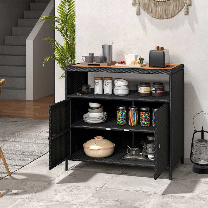 Meuble de rangement Coast avec plan de travail en bois d'acacia - compartiment ouvert et 2 portes - noir
