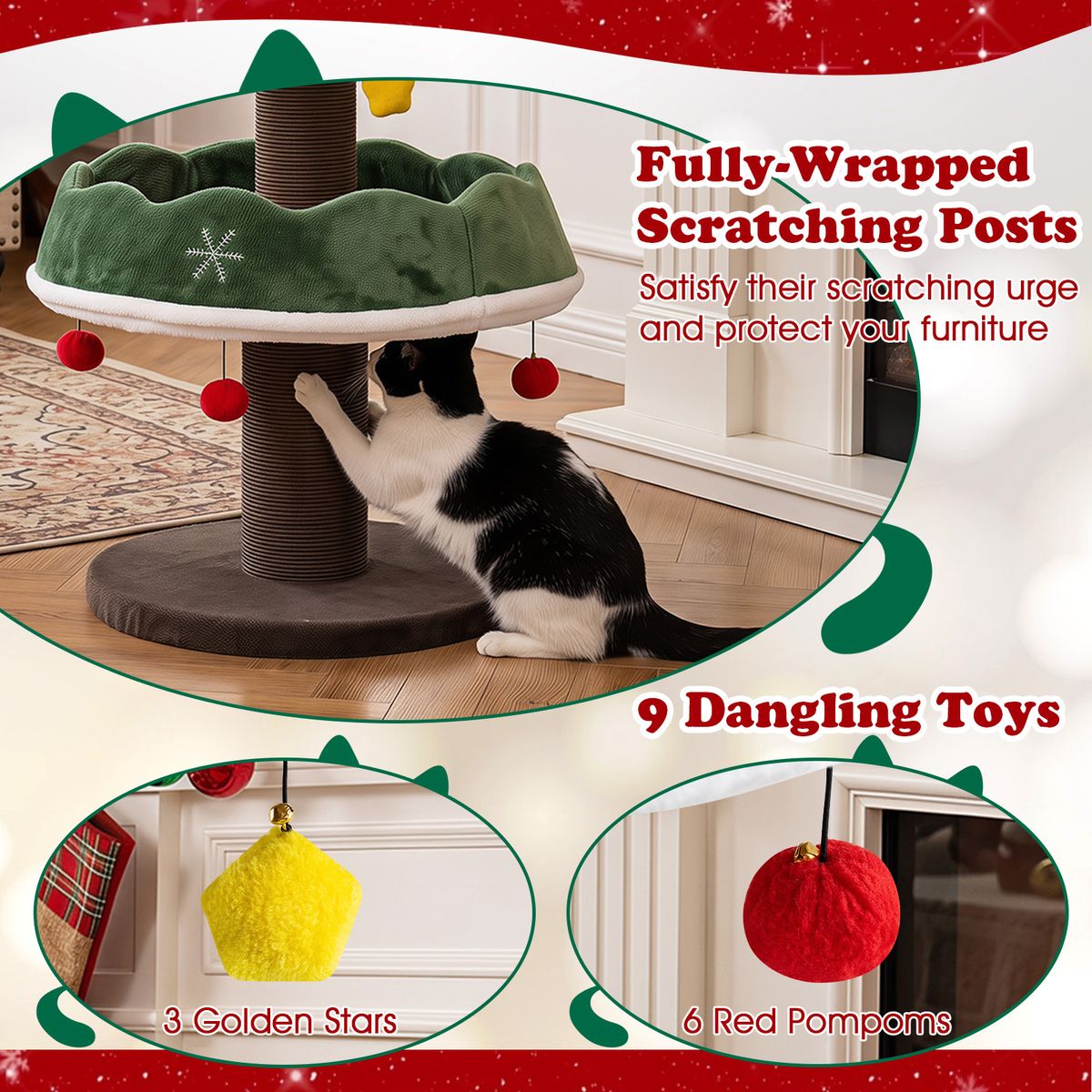 Arbre à chat Coast - motif sapin de Noël - avec grotte au sommet et boules suspendues - vert 143 cm
