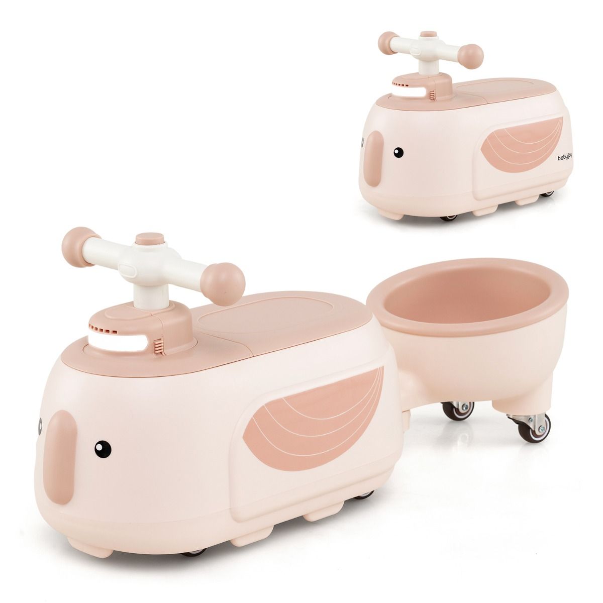 Voiture à pédales Coast avec remorque - Chansons et lumières - Espace de rangement - Beige et rose