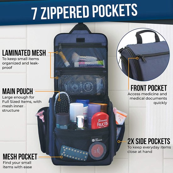 Plugstore - Trousse de toilette suspendue pour hommes et femmes, kit de voyage idéal pour le maquillage, les articles de toilette et les produits cosmétiques, e-book gratuit, bleu (bleu) - HTB-M-B