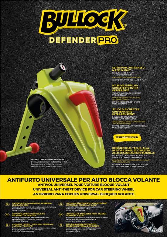Antivol de direction Bullock Defender Pro - Empêche également le vol de l'airbag - Couleur jaune voyante - Deux clés numérotées - Antivol de direction pour voiture, fourgonnette, camping-car