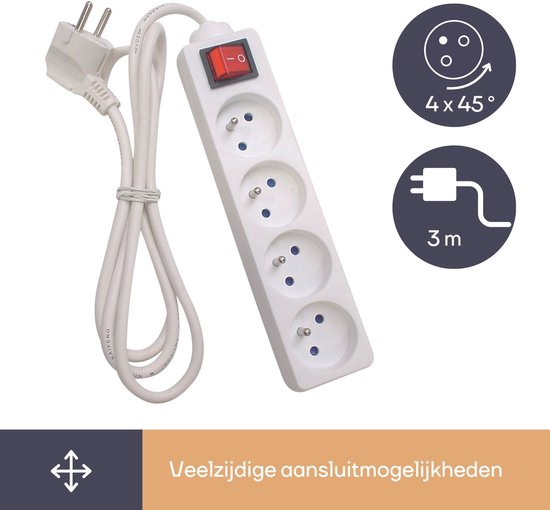 Multiprise Perel avec interrupteur, 4 prises avec broche de terre (type E), câble de 3 m, 3G1,5, usage intérieur, blanc