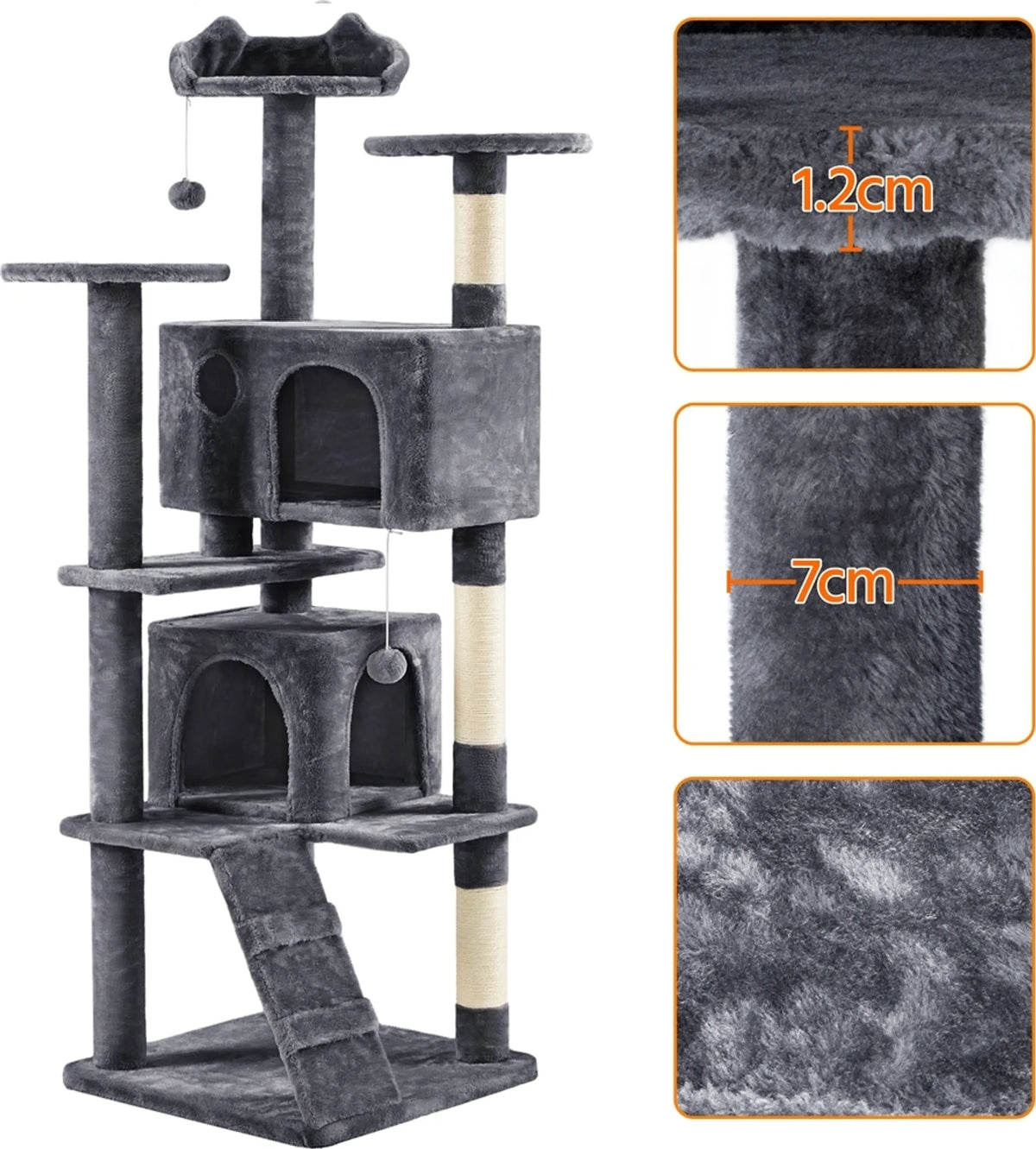 Arbre à chat Yaheetech avec 2 grottes - 178 cm de haut - 54 x 54 cm - Gris foncé