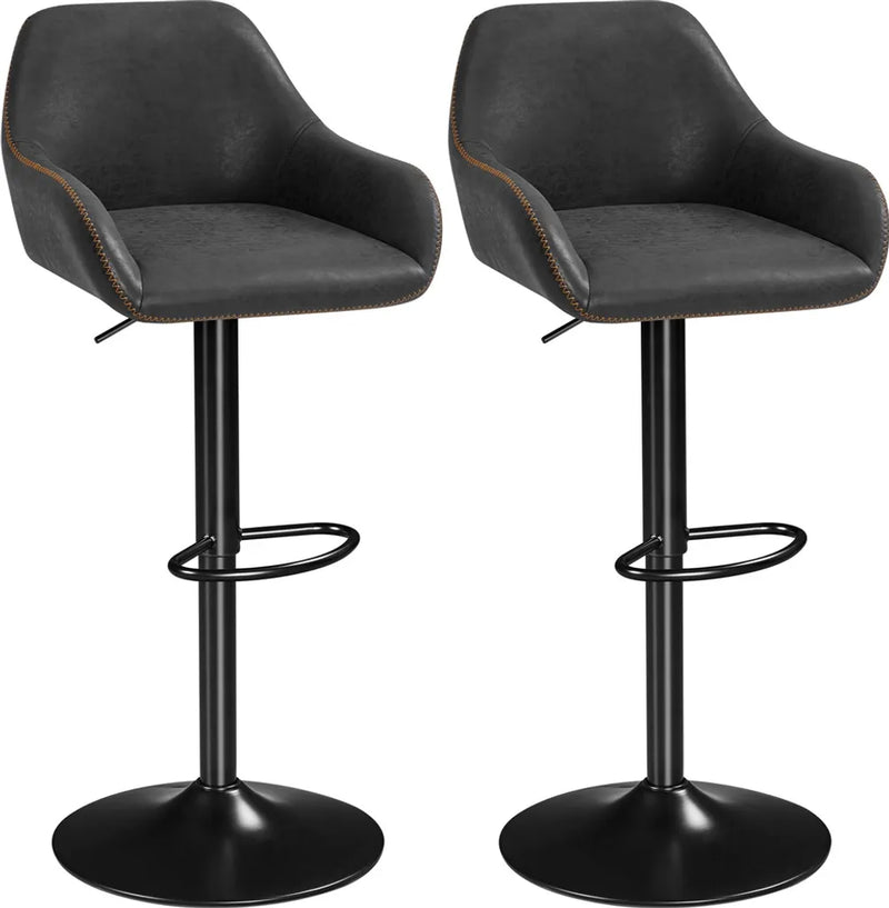 Yaheetech Barstools Set of 2 - Black Faux Leather - Adjustable 87.5-107.5 cm - 360° Rotatable with Backrest and Footrest
