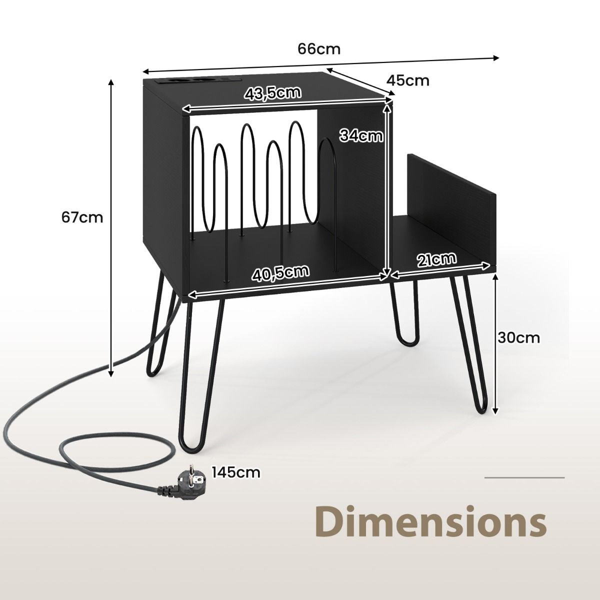 Pied pour platine vinyle Coast - table d'appoint avec prise électrique et port USB - style mid-century - blanc/noir/marron - 66 x 45 x 67 cm