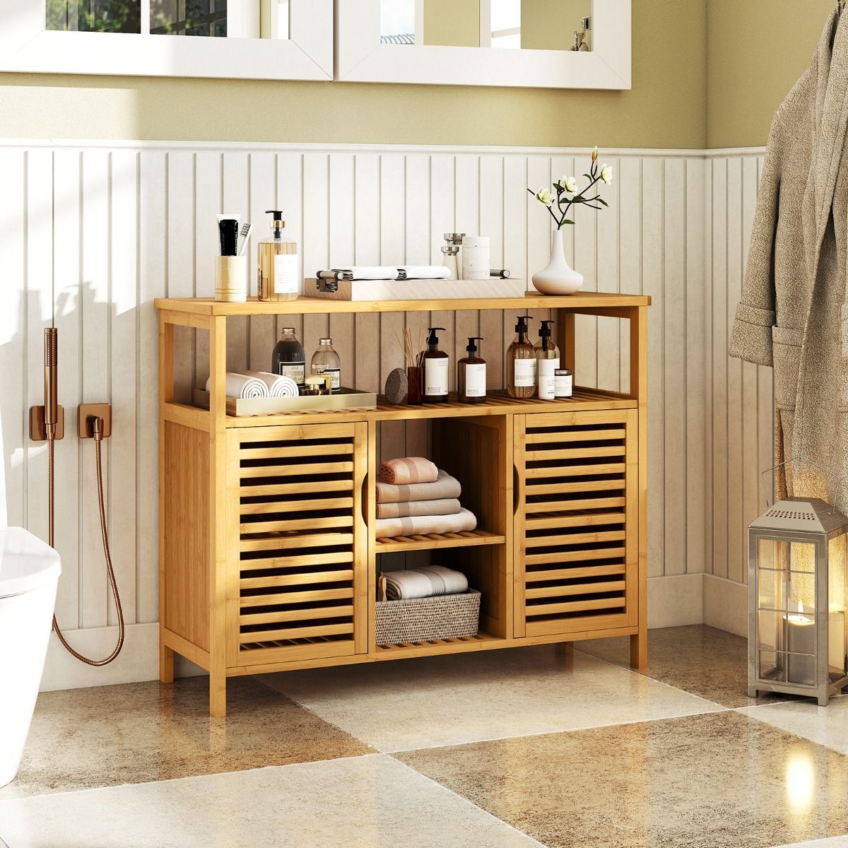 Armoire de salle de bains Coast en bambou - 2 portes - étagères ouvertes - couleur naturelle - 100 x 35 x 80 cm