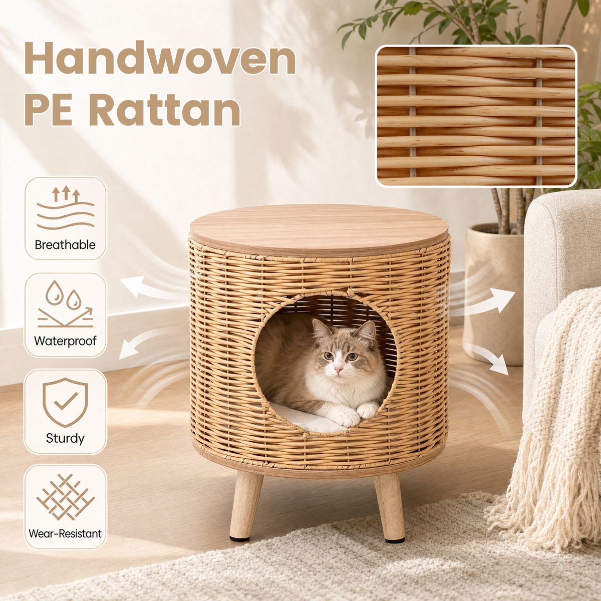 Coast Maison pour chat avec structure en rotin - coussin amovible - sur pieds - couleur naturelle - 36 x 41 cm