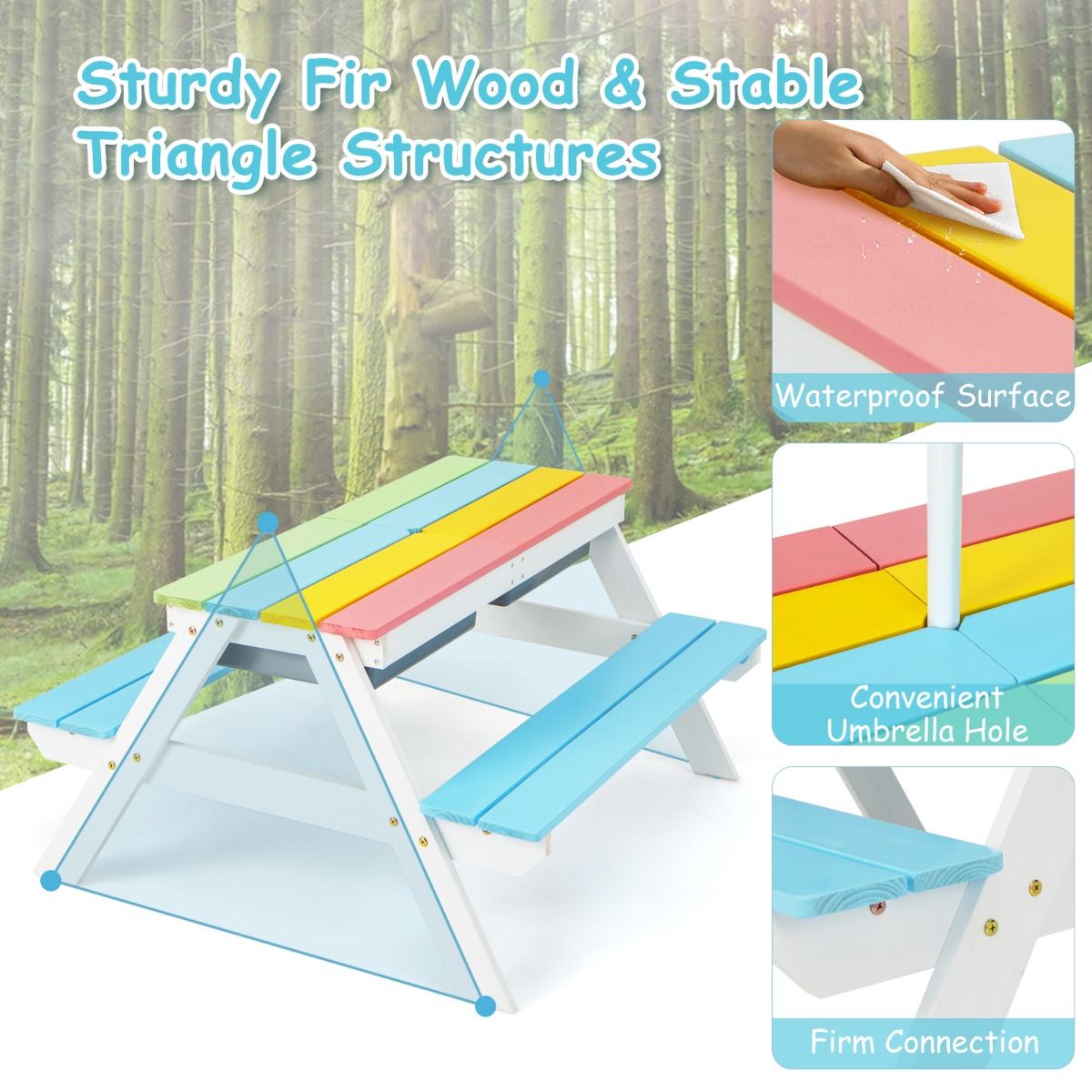 Ensemble de table de pique-nique pour enfants Coast 3-en-1 - avec parasol et bancs - multicolore
