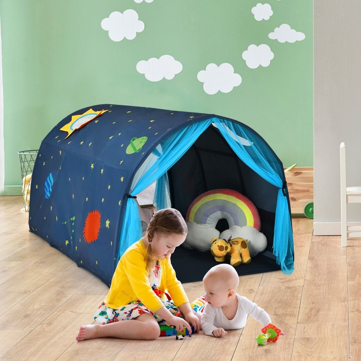 Coast Cot Princesse Maison de jeu pour enfants Princesse Tente pour enfants avec fenêtre, sac et rideau Bleu