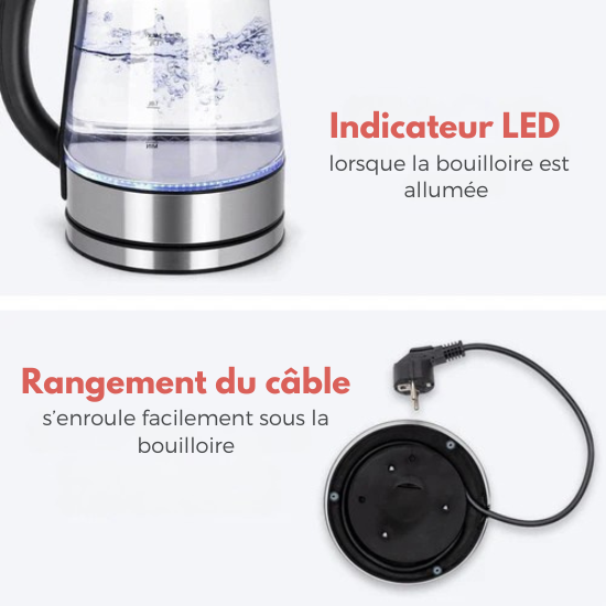 Bouilloire électrique - KitchenBrothers - 1,7L - 2200W - Verre - Acier Inoxydable