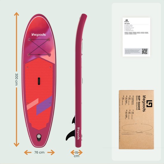 LifeGoods SUP Board All-round Compact - avec siège - capacité de charge de 100 KG - 300 x 76 cm - gonflable - ensemble complet de SUP - rouge/lilas
