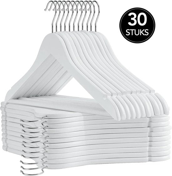 Infinity Goods 30 cintres en bois blanc - Cintre - Règle pour pantalons et encoches - Crochet en métal - Adultes - 30 pièces - Blanc
