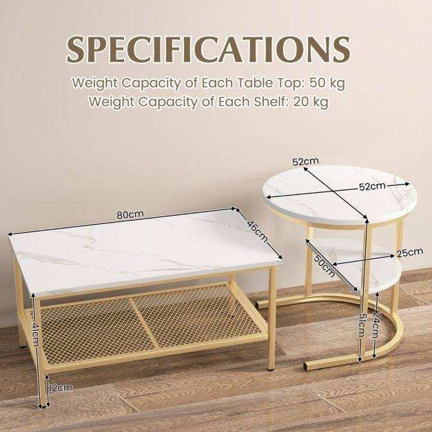 Coast Set de 2 tables d'appoint - Tables basses avec structure en métal doré - Max. 50KG - Or/Blanc