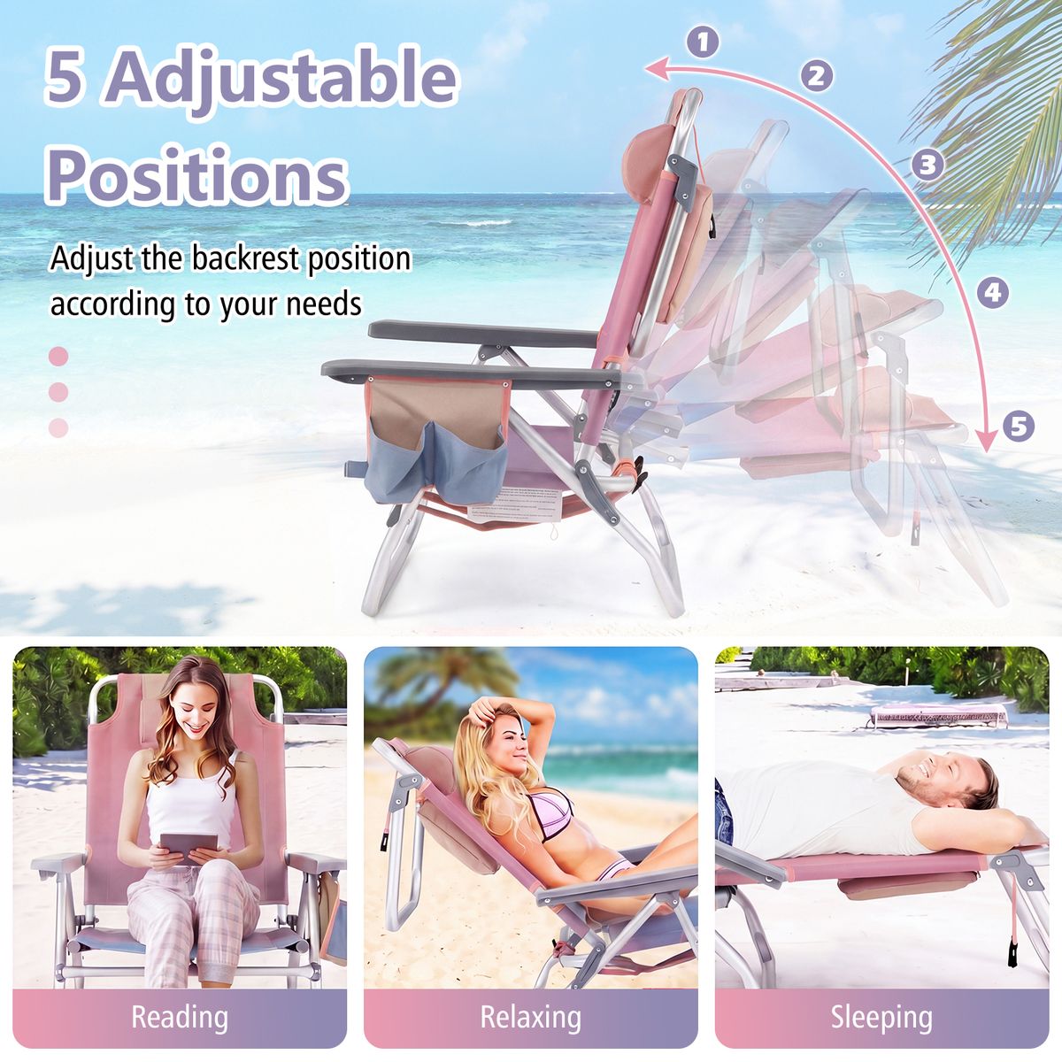 Ensemble de chaises et table de plage Coast - Réglables sur 5 positions - Pliables et légères - rose et violet
