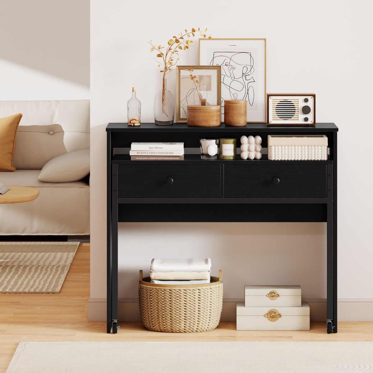 Bureau extensible Coast - avec 2 tiroirs - roulettes verrouillables - noir - 100 x 63 x 88 cm