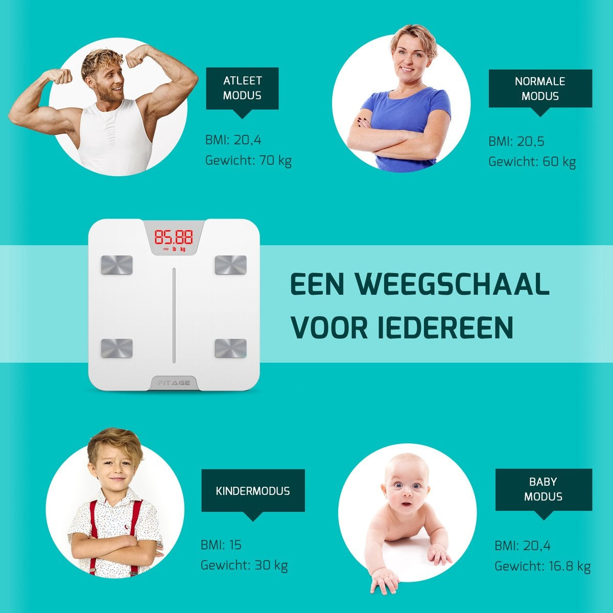 FITAGE Smart Scale avec application mesure 17 valeurs corporelles - Blanc