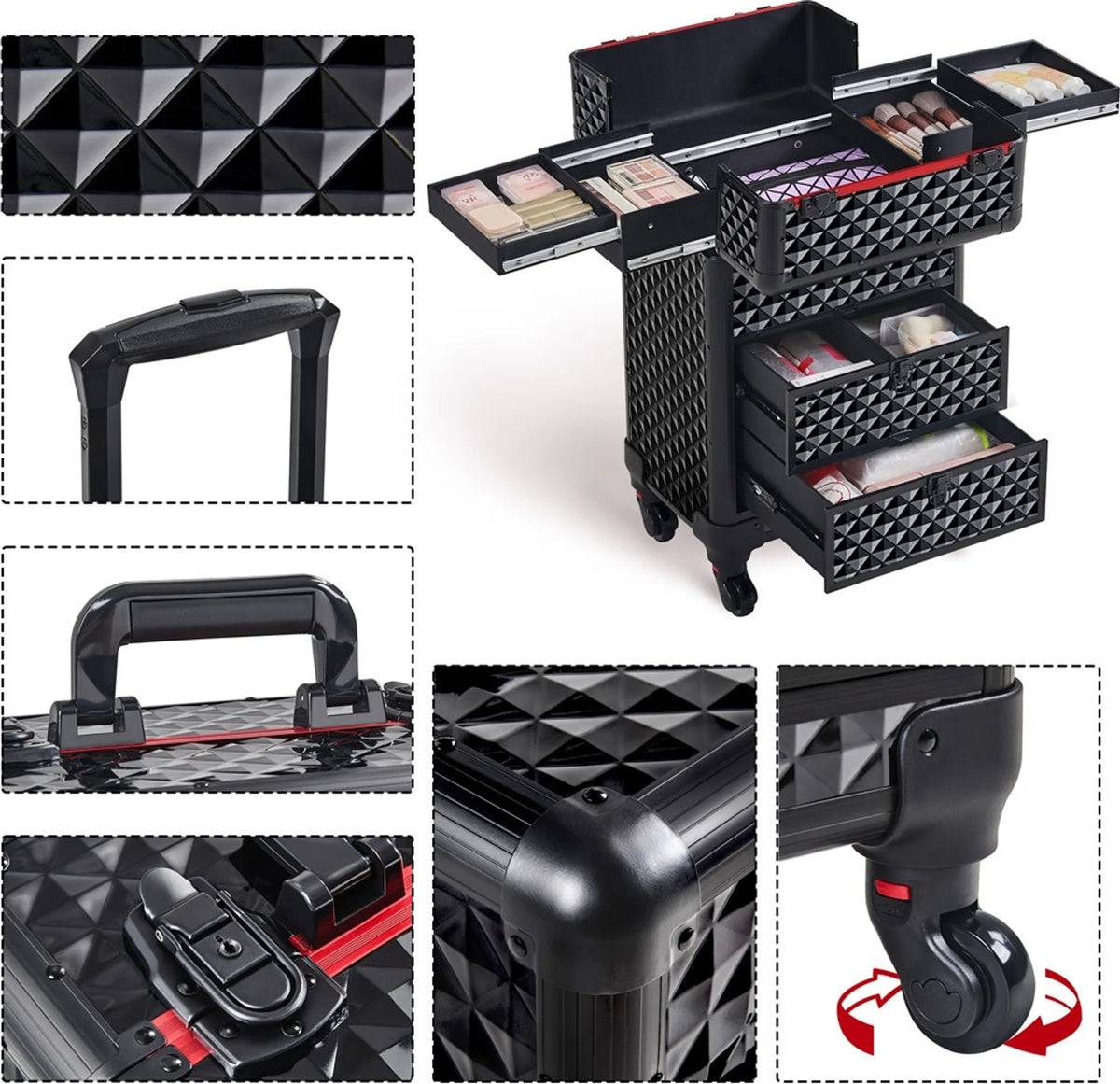 Yaheetech Valise de maquillage à roulettes - 2 tiroirs, poignée extractible et décoration en forme de diamant - Pour esthéticiennes et prothésistes ongulaires - Métal noir et MDF - 34,5 x 24,5 x 58 cm