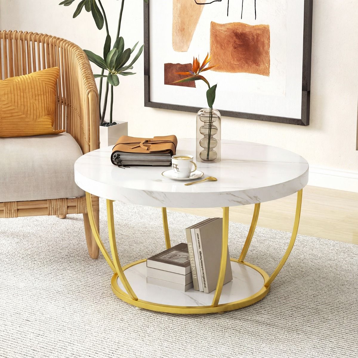 Table basse ronde Coast - 2 niveaux - structure métallique - blanche - 80 x 45 cm
