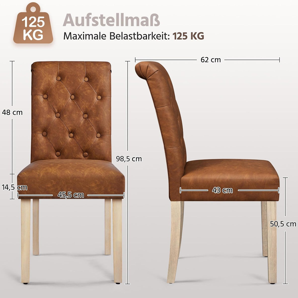 Yaheetech Lot de 2 chaises de salle à manger – Chaises de cuisine rembourrées à dossier haut – 62 x 45,5 x 98,5 cm – Marron