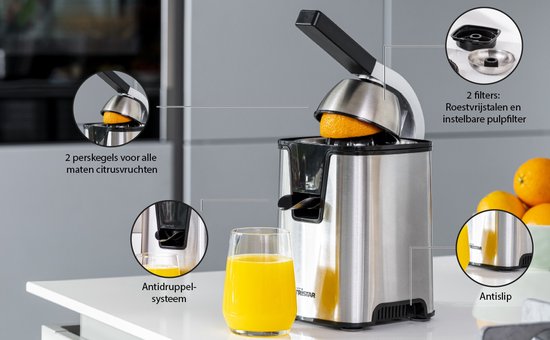 Presse-agrumes électrique Tristar - CP-3009 - 350 W - Avec 2 cônes de pressage, filtre à pulpe, système anti-gouttes, levier de pressage - Acier inoxydable