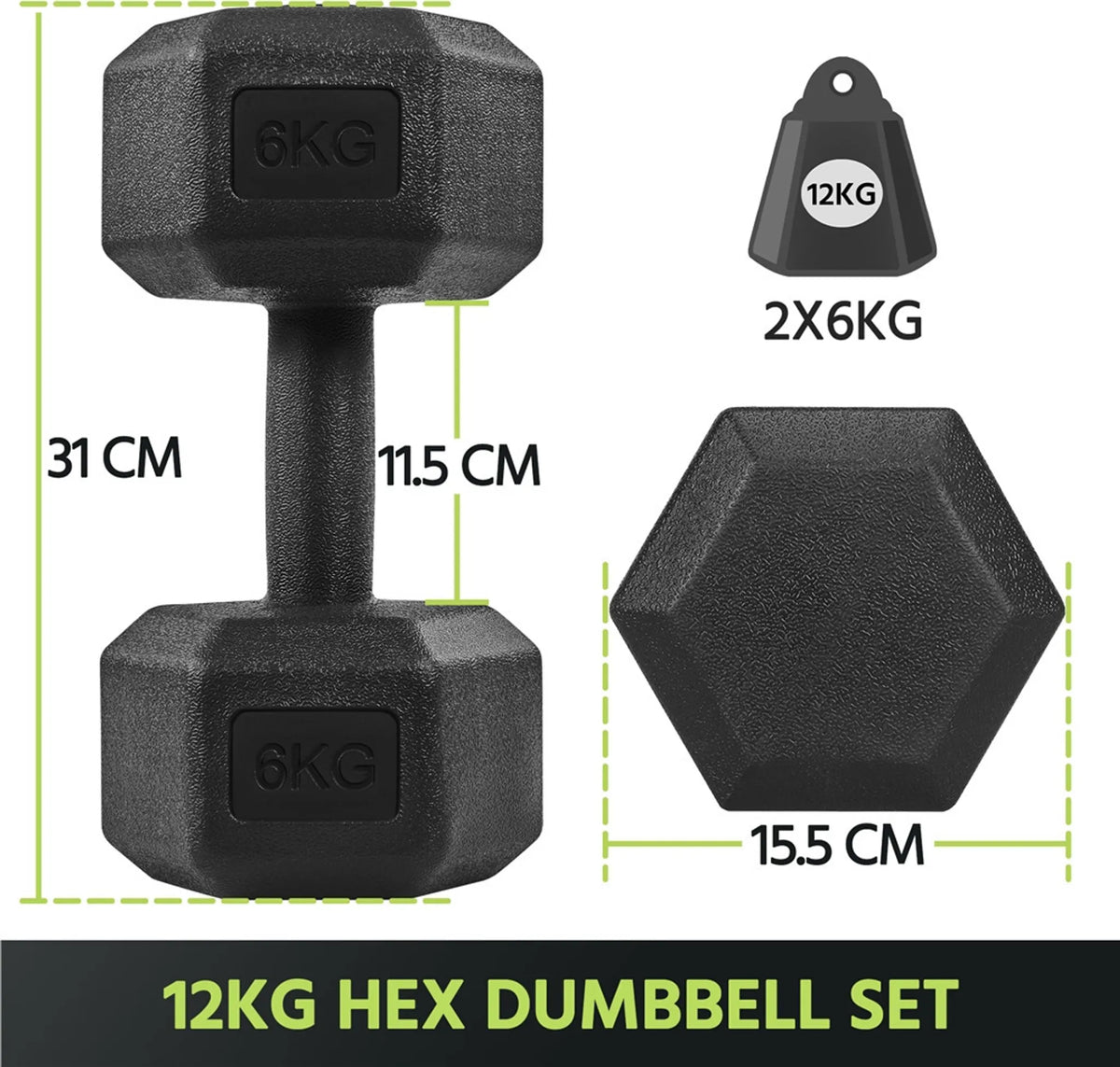 Yaheetech Dumbbell Set 2 Pieces - 12 kg - Conception hexagonale antiroulis, revêtement en plastique protégeant le sol et poignée ergonomique - Pour la musculation et le cardio - Béton noir et métal - 31 x 15.5 x 14 cm