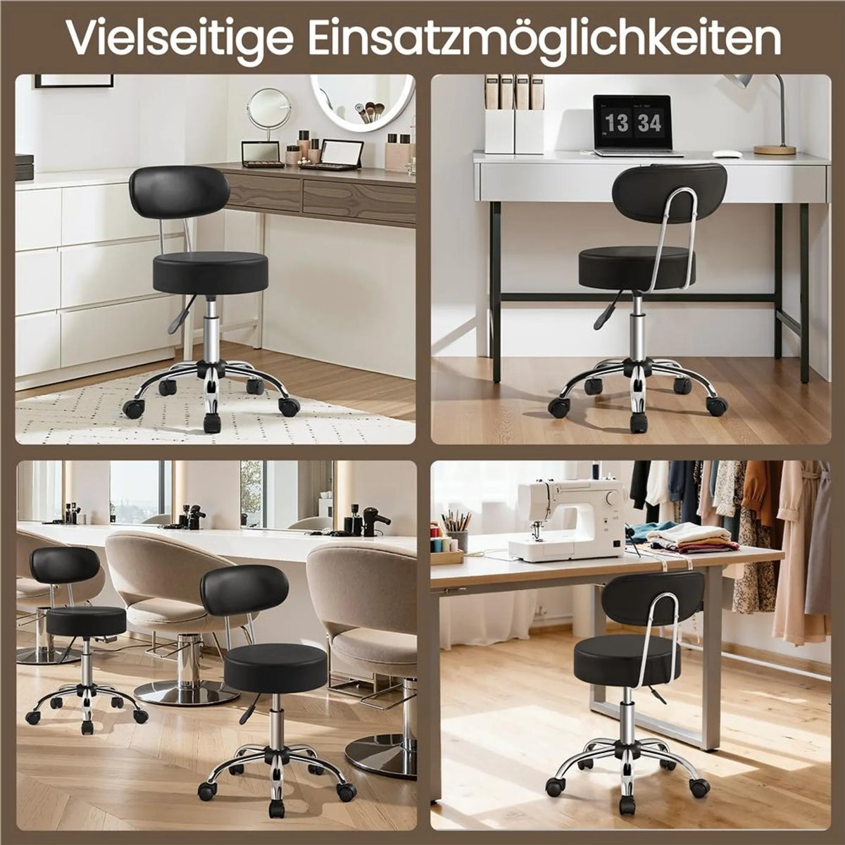 Yaheetech Tabouret de maquillage - 52 x 44,5 x 75,5-85 cm - équipé d'un coussin d'assise de 10 cm d'épaisseur et d'une rotation à 360° et d'une structure en métal chromé - pour salon et coiffeuse - simili cuir noir et métal