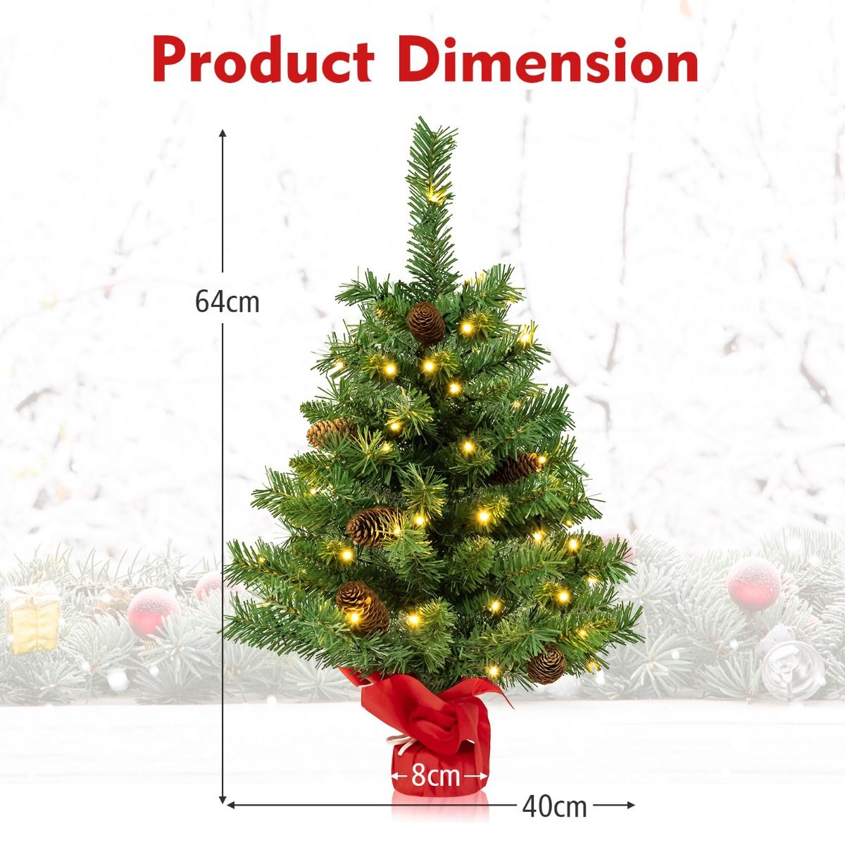 Coast Artificial Christmas Tree with Led Lights and Pine Cones - Sapin de Noël de table avec socle en ciment - Vert - 64 cm