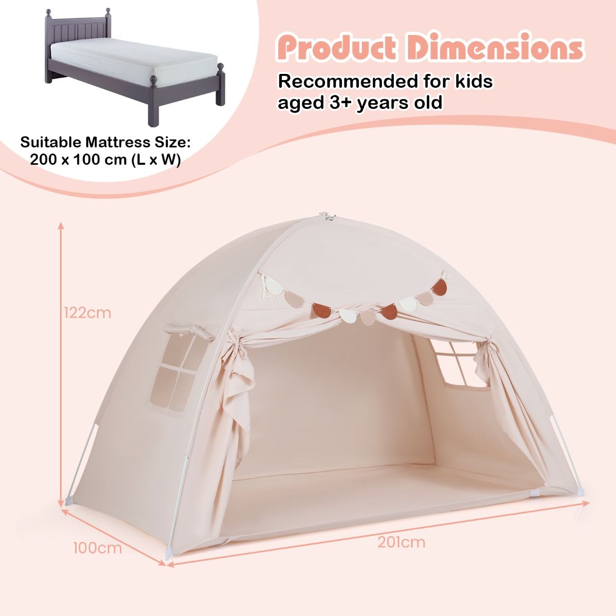 Tente pour enfants Coast pour deux personnes - Tente pliable à baldaquin - Avec fenêtres et bannière - 201 x 100 x 122 cm - Beige