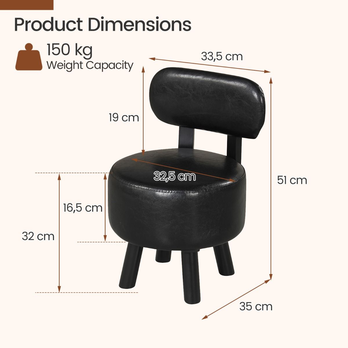 Pouf Coast avec dossier - pouf rembourré - simili cuir - noir - lot de 2