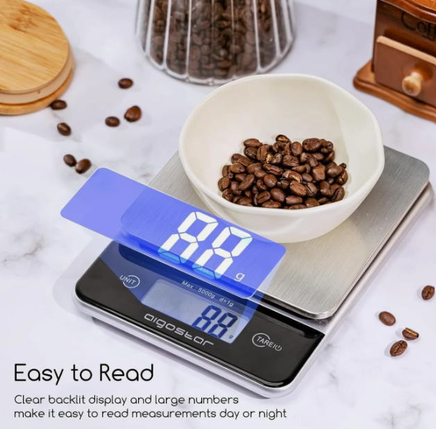 Balance de cuisine numérique Aigostar - Gris - Acier inoxydable - 5 kg/1 g, écran LCD