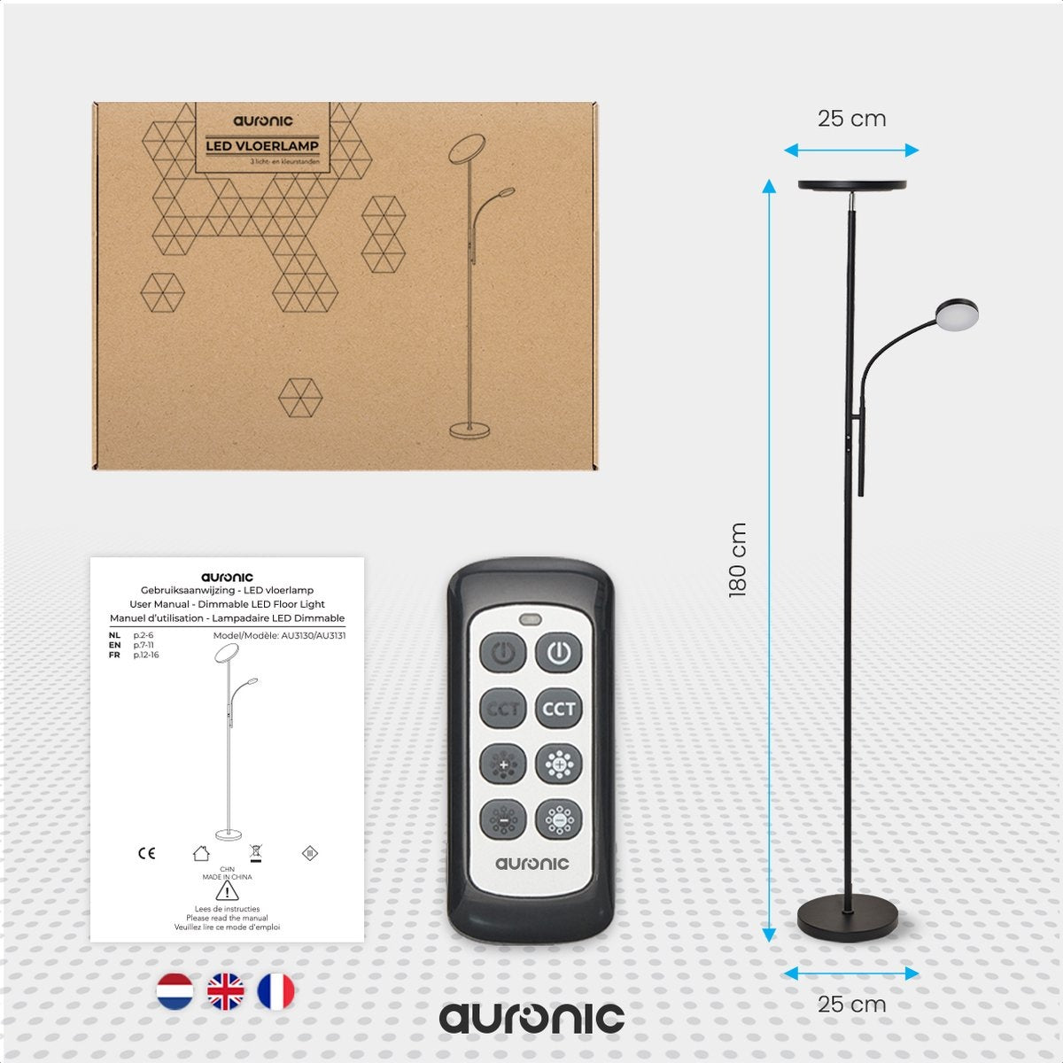 Lampadaire LED moderne Auronic -Lampadaire sur Pied  - 181cm - LED -Super Lumineux -  télécommande - chambre salon - Noir